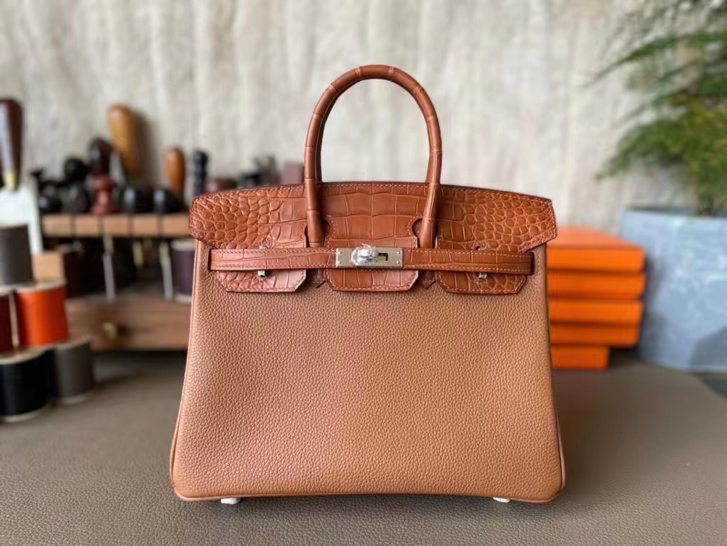 HERMES Togo Matte Alligator Birkin Touch 25 Gold 731485